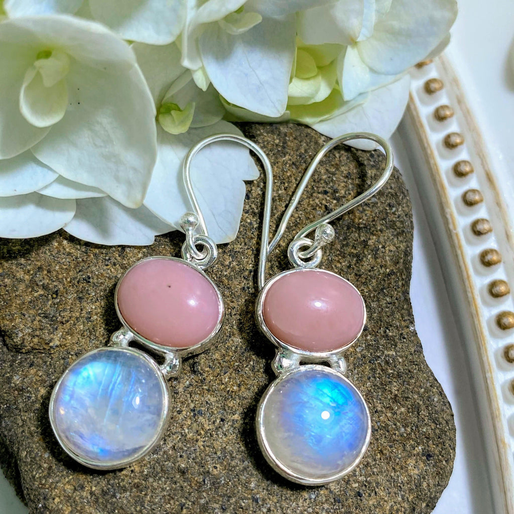 Pink Opal & Rainbow Moonstone Sterling Silver Earrings - Earth Family Crystals