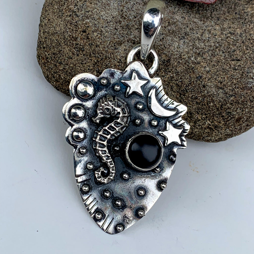 Mystical Seahorse, Moon & Stars Black Onyx Oxidized Sterling Silver Pendant (Includes Silver Chain) - Earth Family Crystals