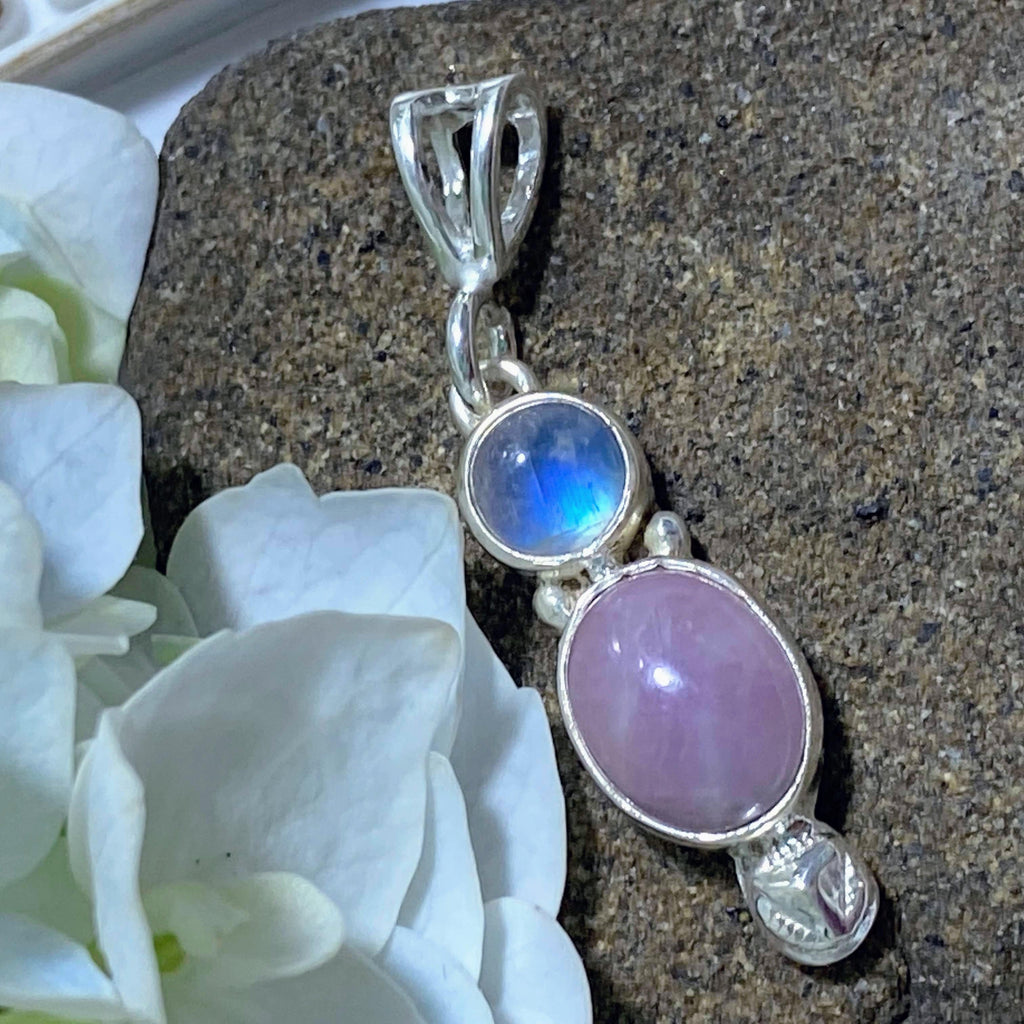 Rose Quartz & Rainbow Moonstone Sterling Silver Pendant (Includes Silver Chain) - Earth Family Crystals