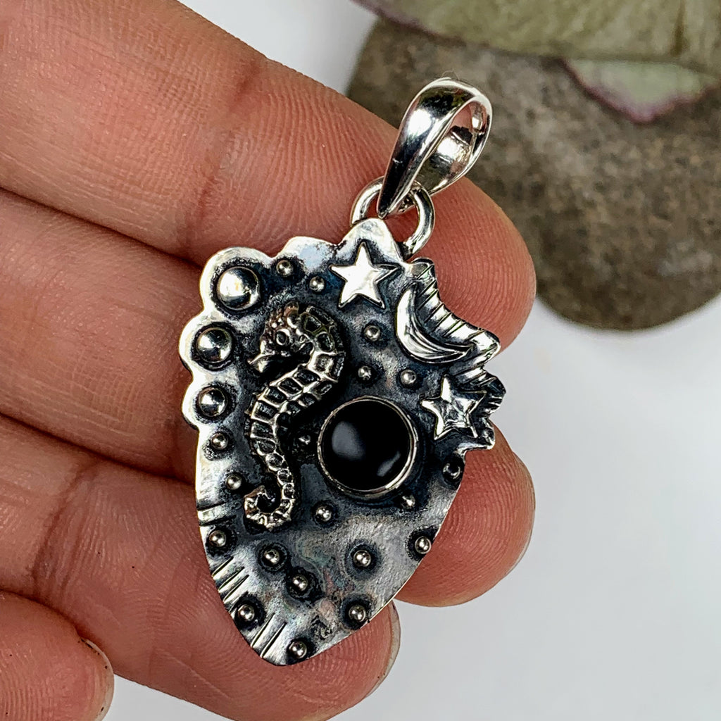 Mystical Seahorse, Moon & Stars Black Onyx Oxidized Sterling Silver Pendant (Includes Silver Chain) - Earth Family Crystals