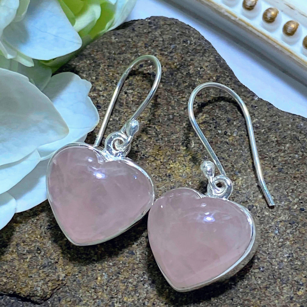 Sweet Pink Rose Quartz Love Heart Lightweight Earrings in Sterling Silver - Earth Family Crystals