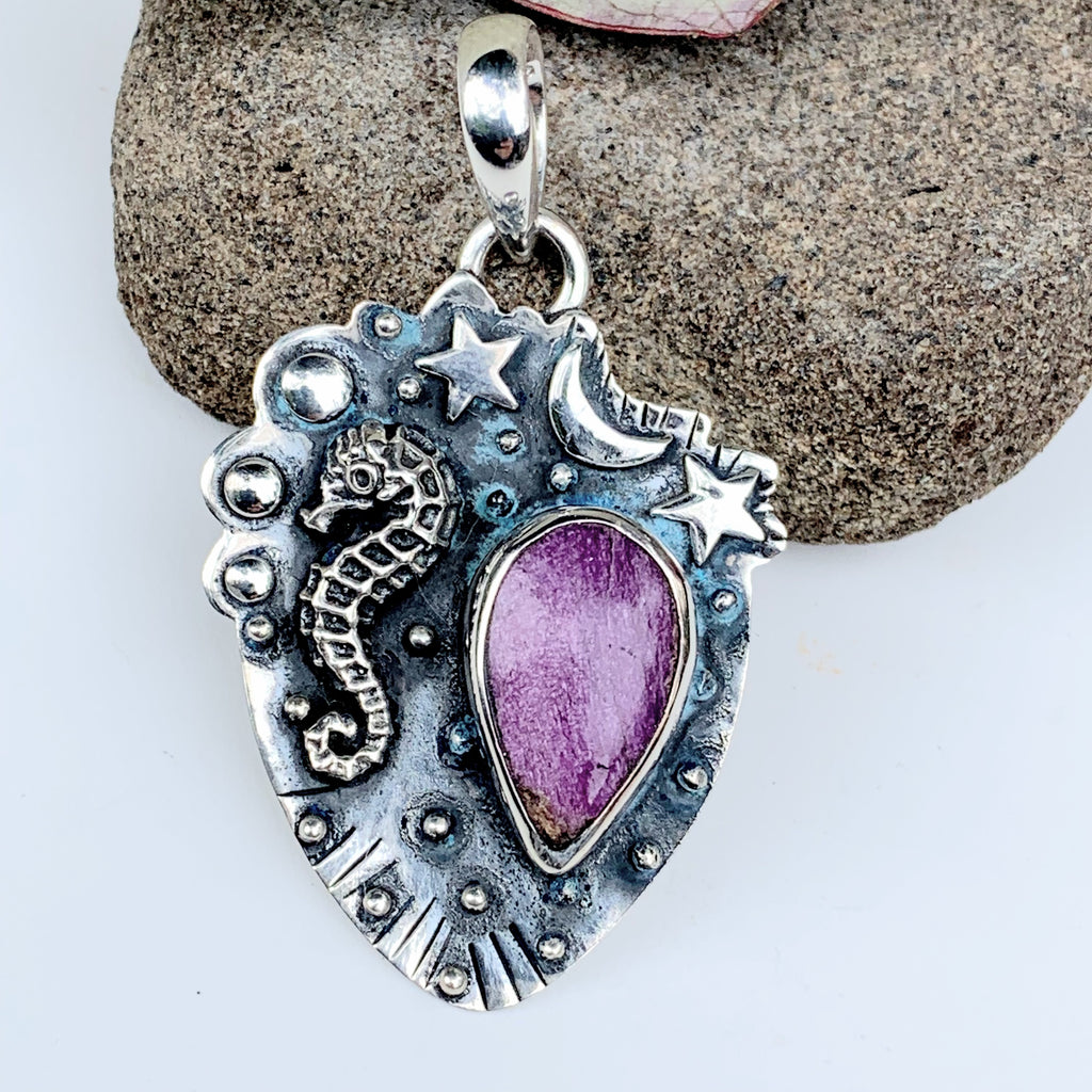Mystical Seahorse, Moon & Stars Stichtite Oxidized Sterling Silver Pendant (Includes Silver Chain) - Earth Family Crystals