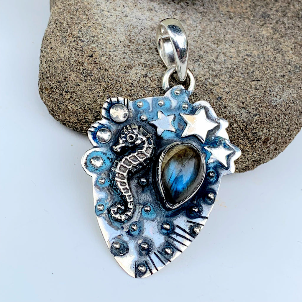 Mystical Seahorse & Stars Labradorite Oxidized Sterling Silver Pendant (Includes Silver Chain) - Earth Family Crystals
