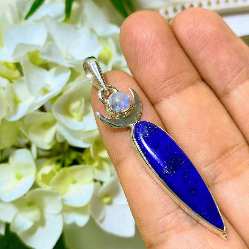 Reserved For Gina Lapis Lazuli & Rainbow Moonstone Sterling Silver Pendant (Includes Silver Chain) - Earth Family Crystals