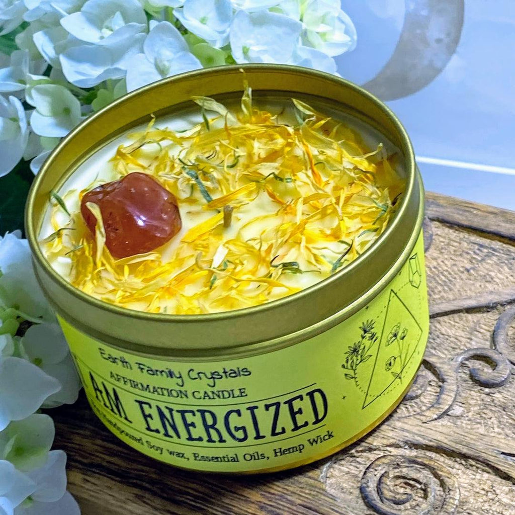 "I Am Energized" Intention Soy Aromatherapy Candle in 8oz Gold Tin - Earth Family Crystals