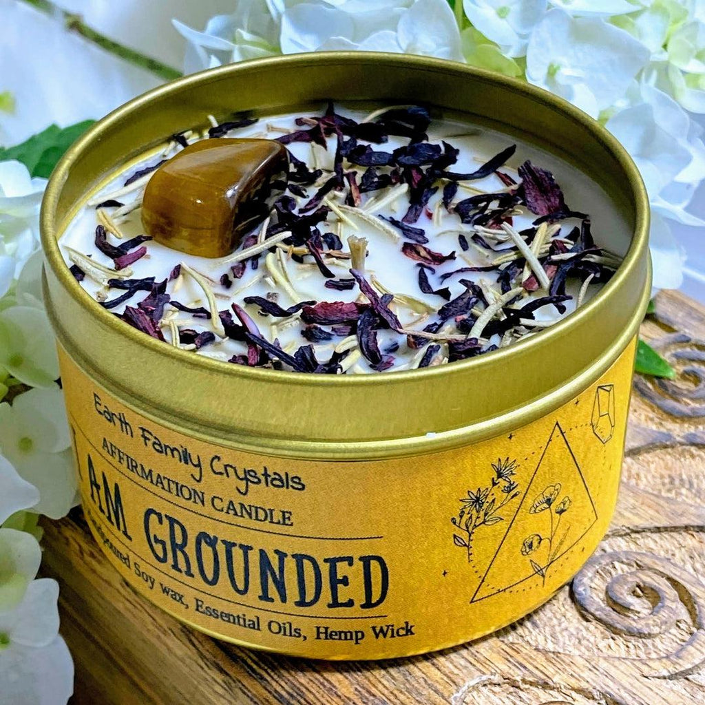 "I Am Grounded" Intention Soy Aromatherapy Candle in 8oz Gold Tin - Earth Family Crystals