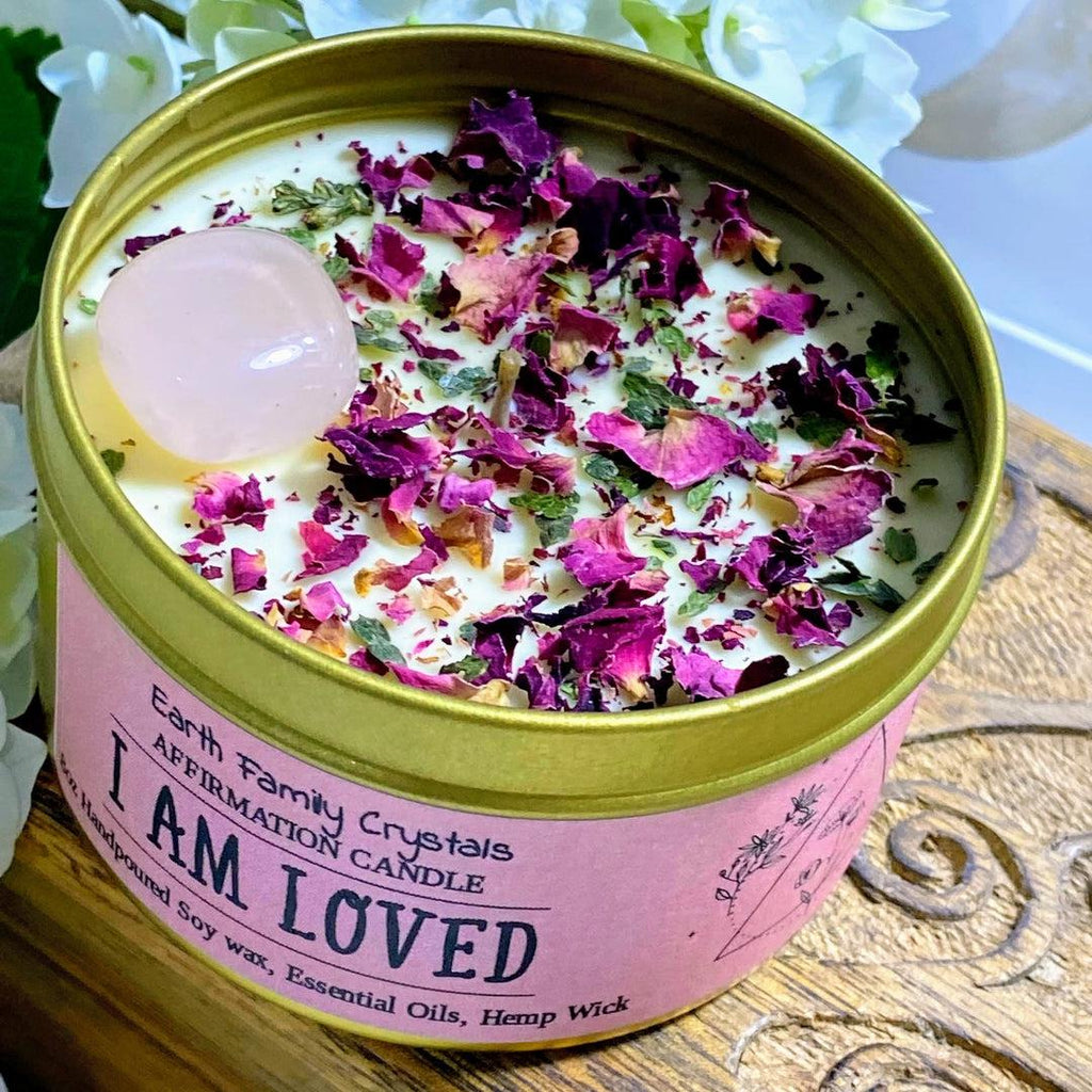"I Am Loved" Intention Soy Aromatherapy Candle in 8oz Gold Tin - Earth Family Crystals