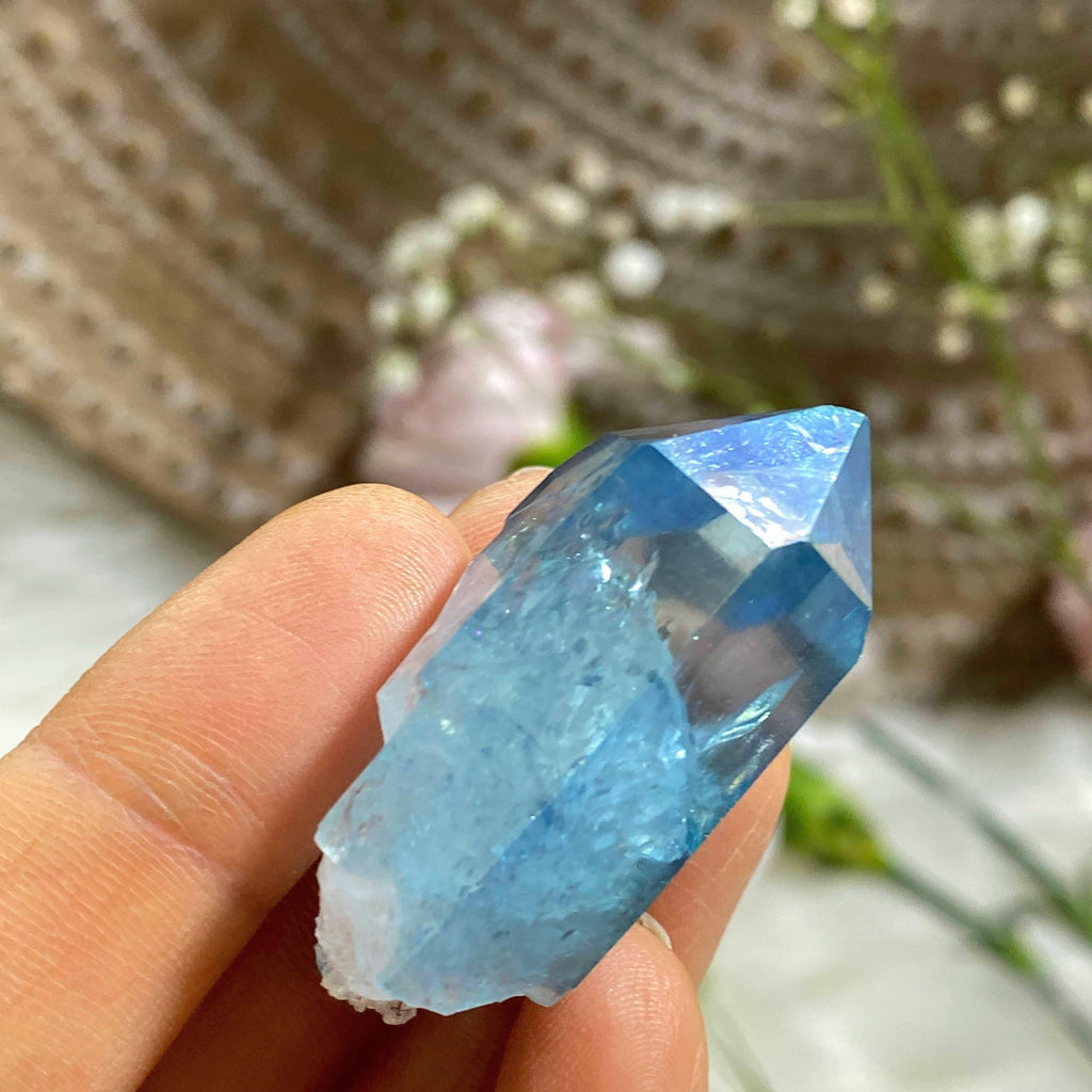 Arkansas Aqua Aura Quartz Point with Record Keepers - Earth Family Crystals