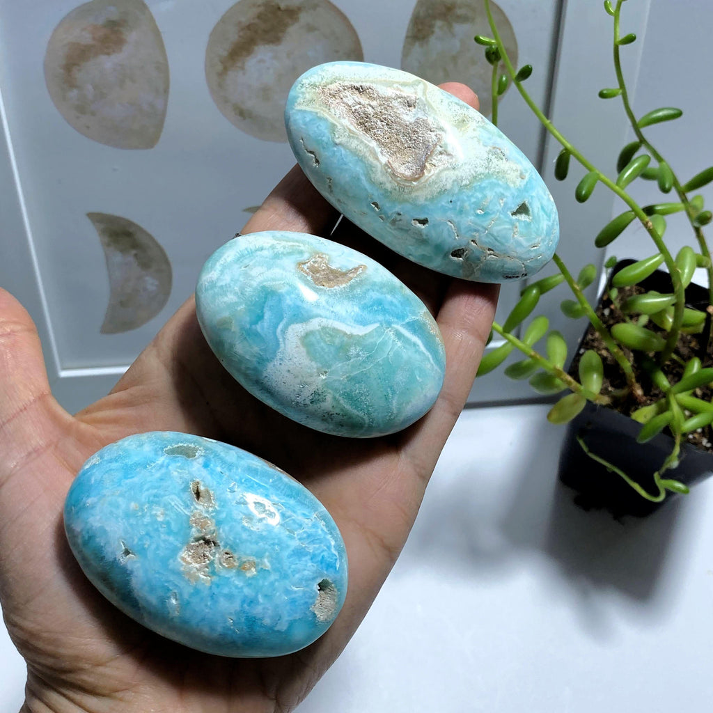 One Blue Aragonite Medium Partially Polished Palm Stone - Earth Family Crystals