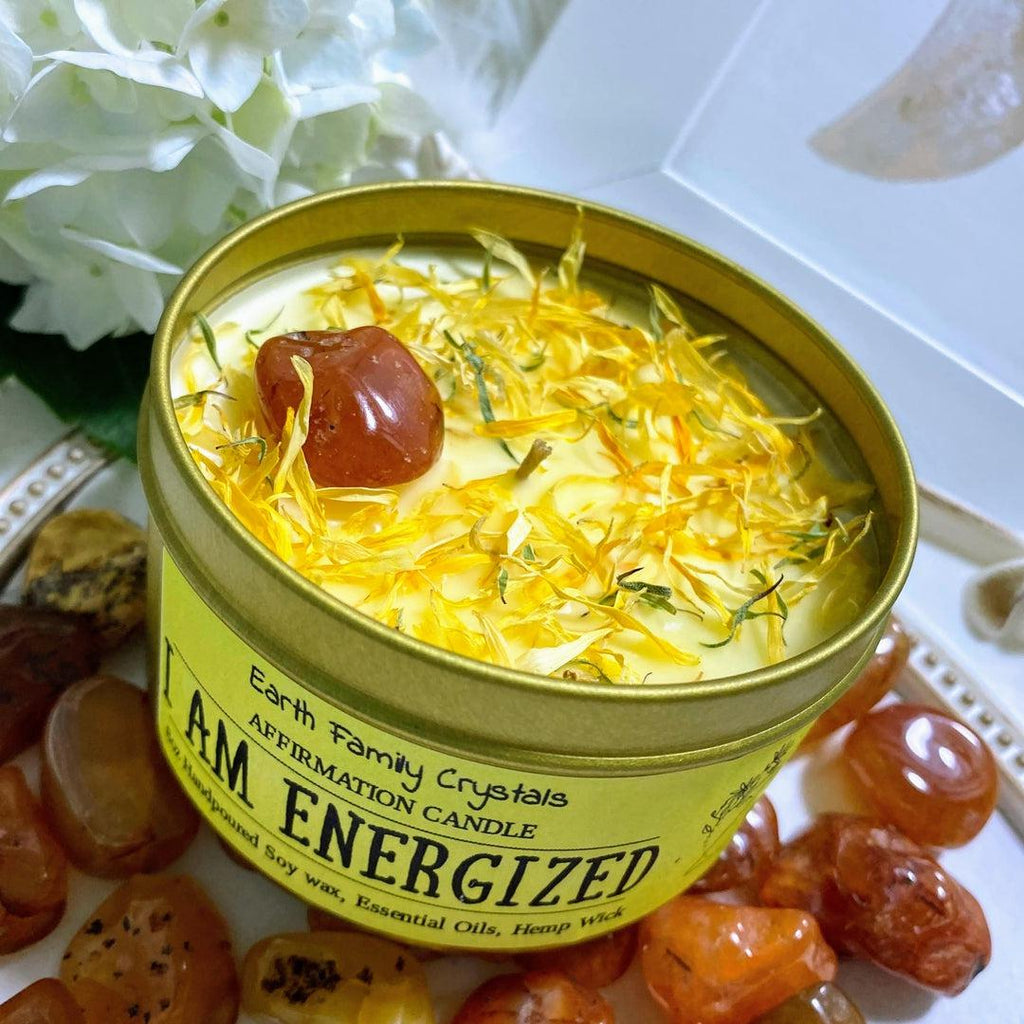 "I Am Energized" Intention Soy Aromatherapy Candle in 8oz Gold Tin - Earth Family Crystals