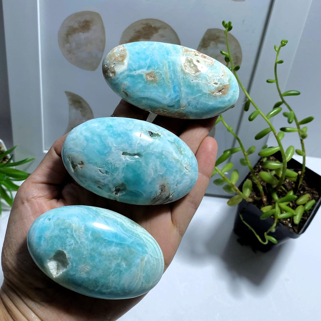 One Blue Aragonite Large Partially Polished Palm Stone - Earth Family Crystals
