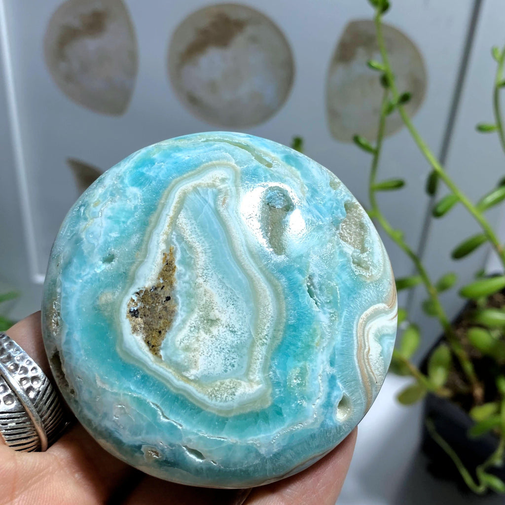 Blue Aragonite Large Full Moon Partially Polished Specimen - Earth Family Crystals