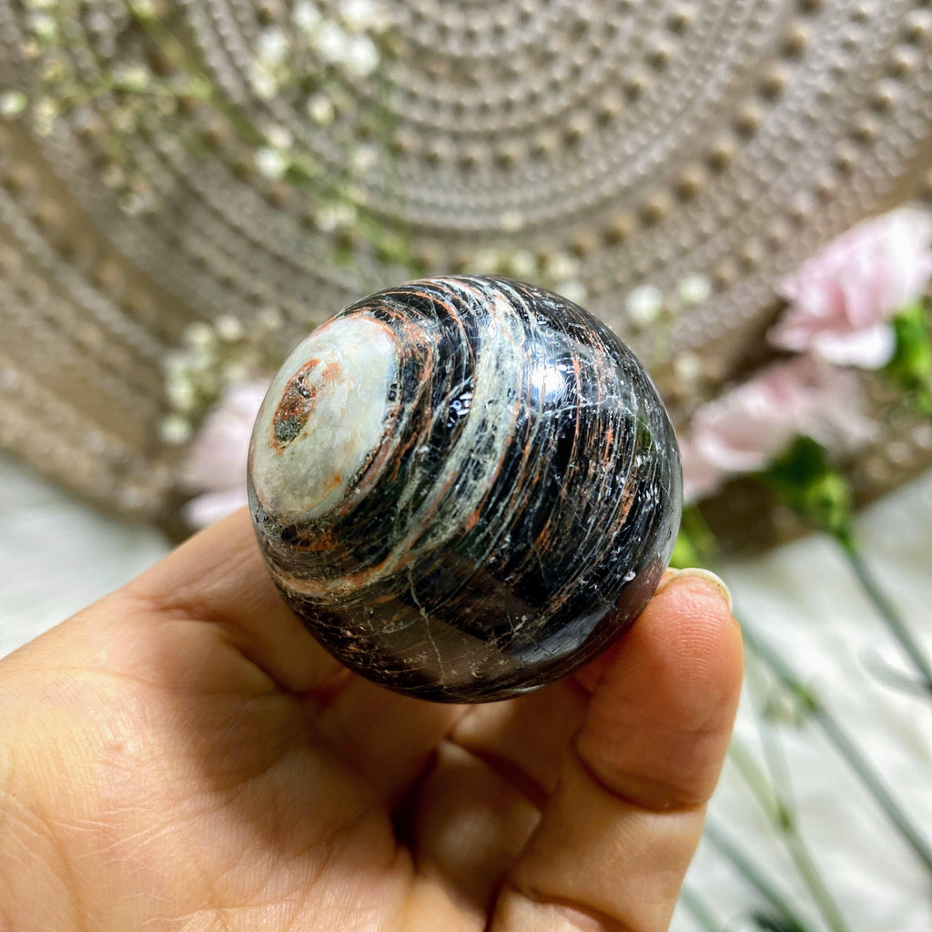 Mysterious Galaxy Small Obsidian, Tourmaline & Hematite Sphere -From Brazil (Includes Stand) - Earth Family Crystals