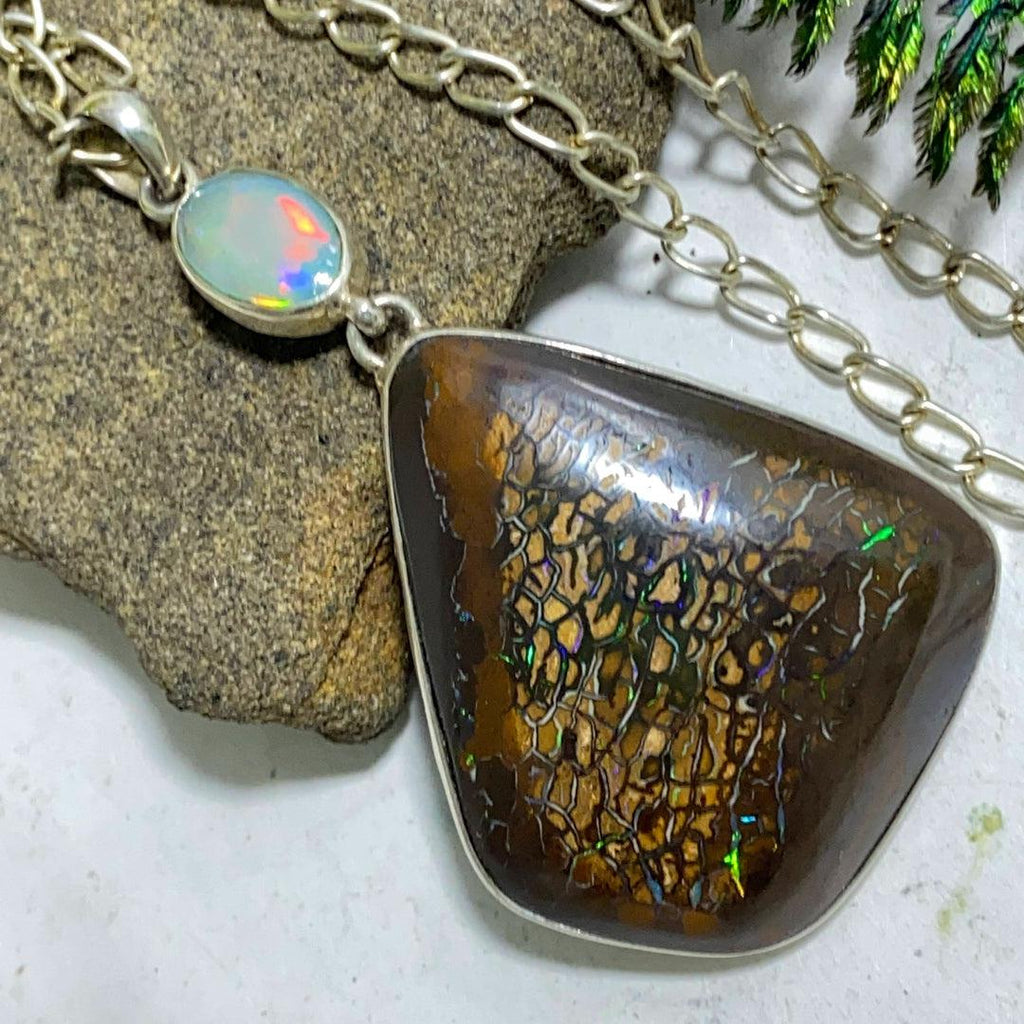 Very Rare Combo! Flashy Black Australian Lightning Ridge & Boulder Opal Sterling Silver Pendant (Includes 18" Silver Chain) - Earth Family Crystals