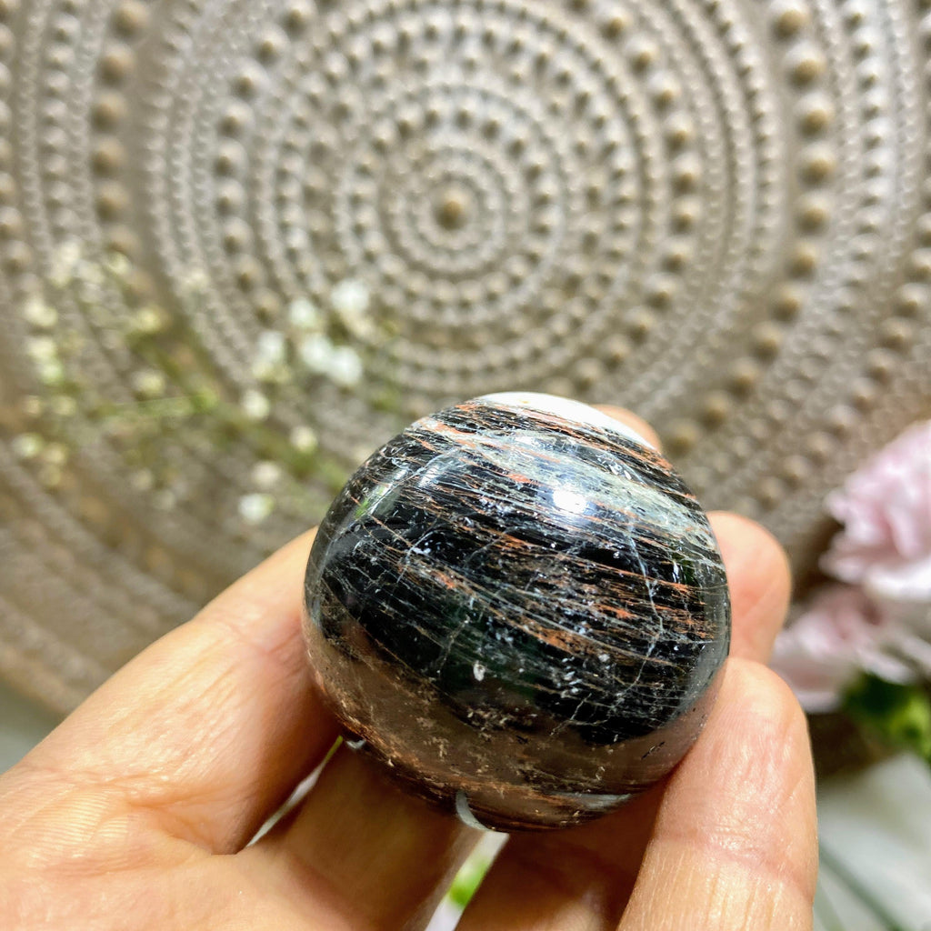 Mysterious Galaxy Small Obsidian, Tourmaline & Hematite Sphere -From Brazil (Includes Stand) - Earth Family Crystals