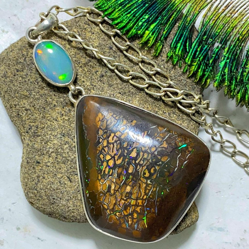 Very Rare Combo! Flashy Black Australian Lightning Ridge & Boulder Opal Sterling Silver Pendant (Includes 18" Silver Chain) - Earth Family Crystals