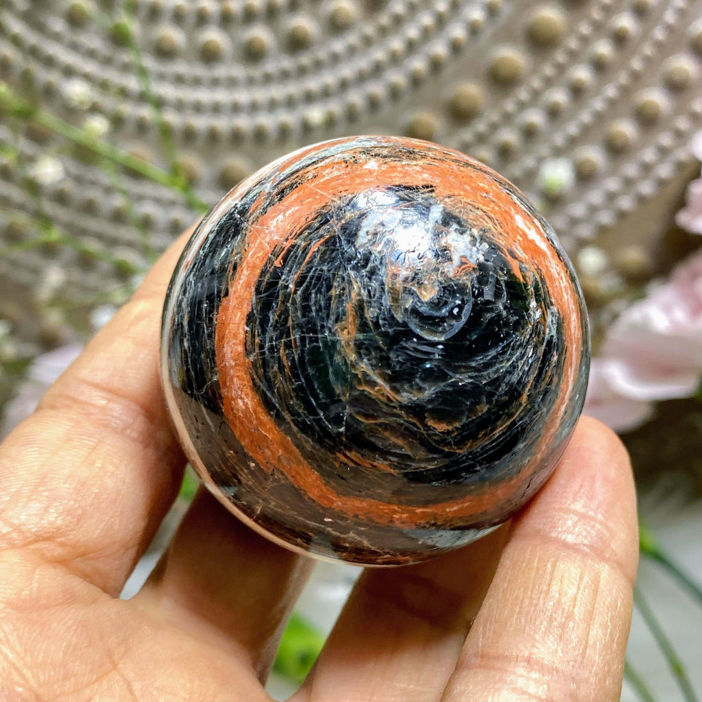 Mysterious Galaxy Obsidian, Tourmaline & Hematite Sphere -From Brazil (Includes Stand) - Earth Family Crystals