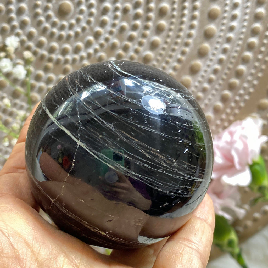 Fabulous XL Galaxy Obsidian, Tourmaline & Hematite Sphere -From Brazil (Includes Stand) #1 - Earth Family Crystals