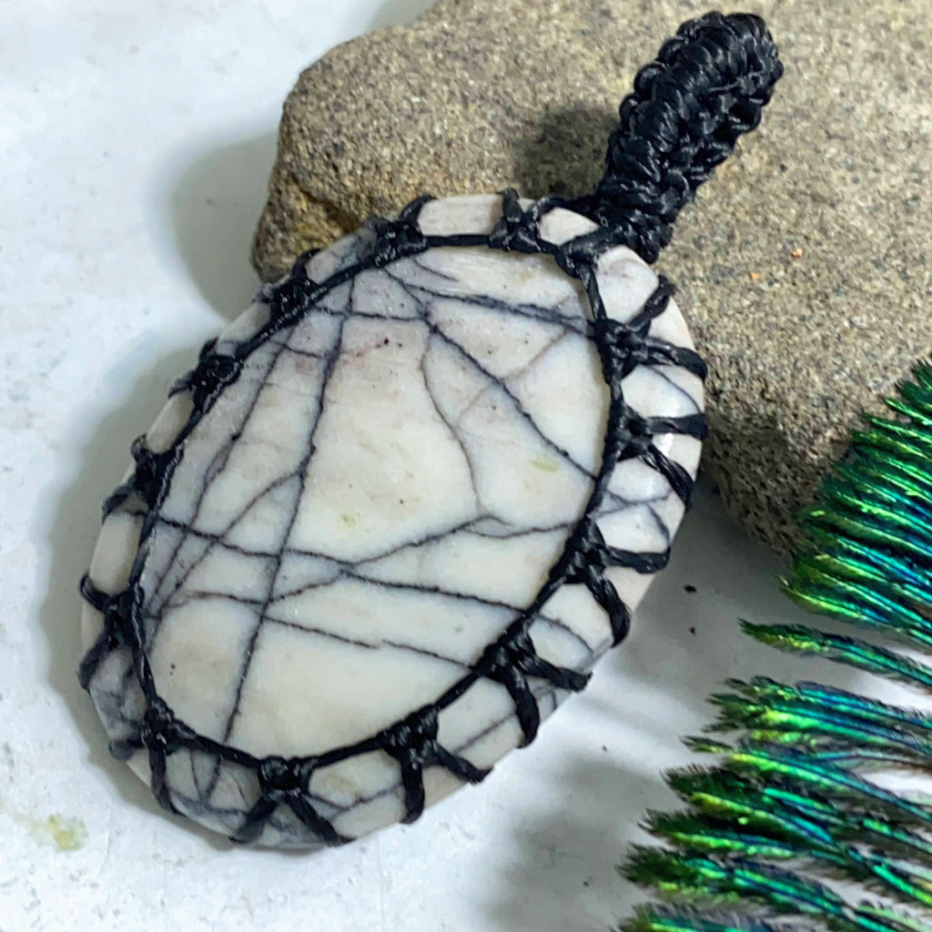 Grey & Black Patterns Picasso Jasper Macrame Wrapped Pendant - Earth Family Crystals