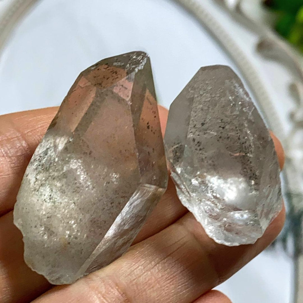 Set of 2 Green Chlorite Phantom Quartz Points from Brazil - Earth Family Crystals