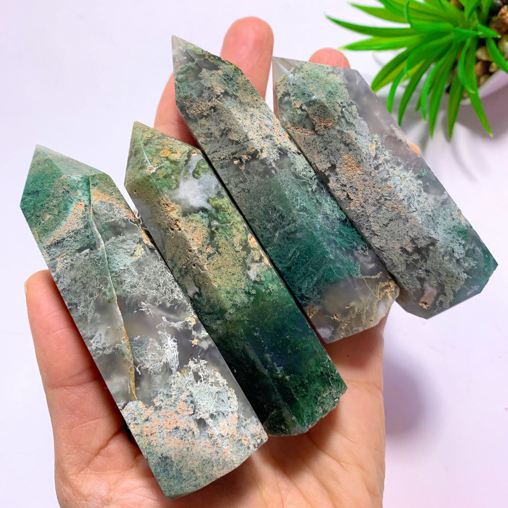 One Polished Moss Agate Standing Display Tower - Earth Family Crystals