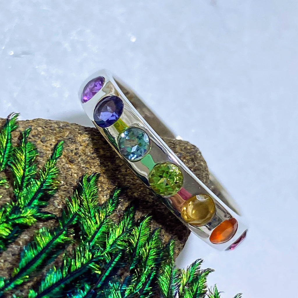 Faceted 7 Stone Chakra Gemstone Ring in Sterling Silver (Size 9) - Earth Family Crystals