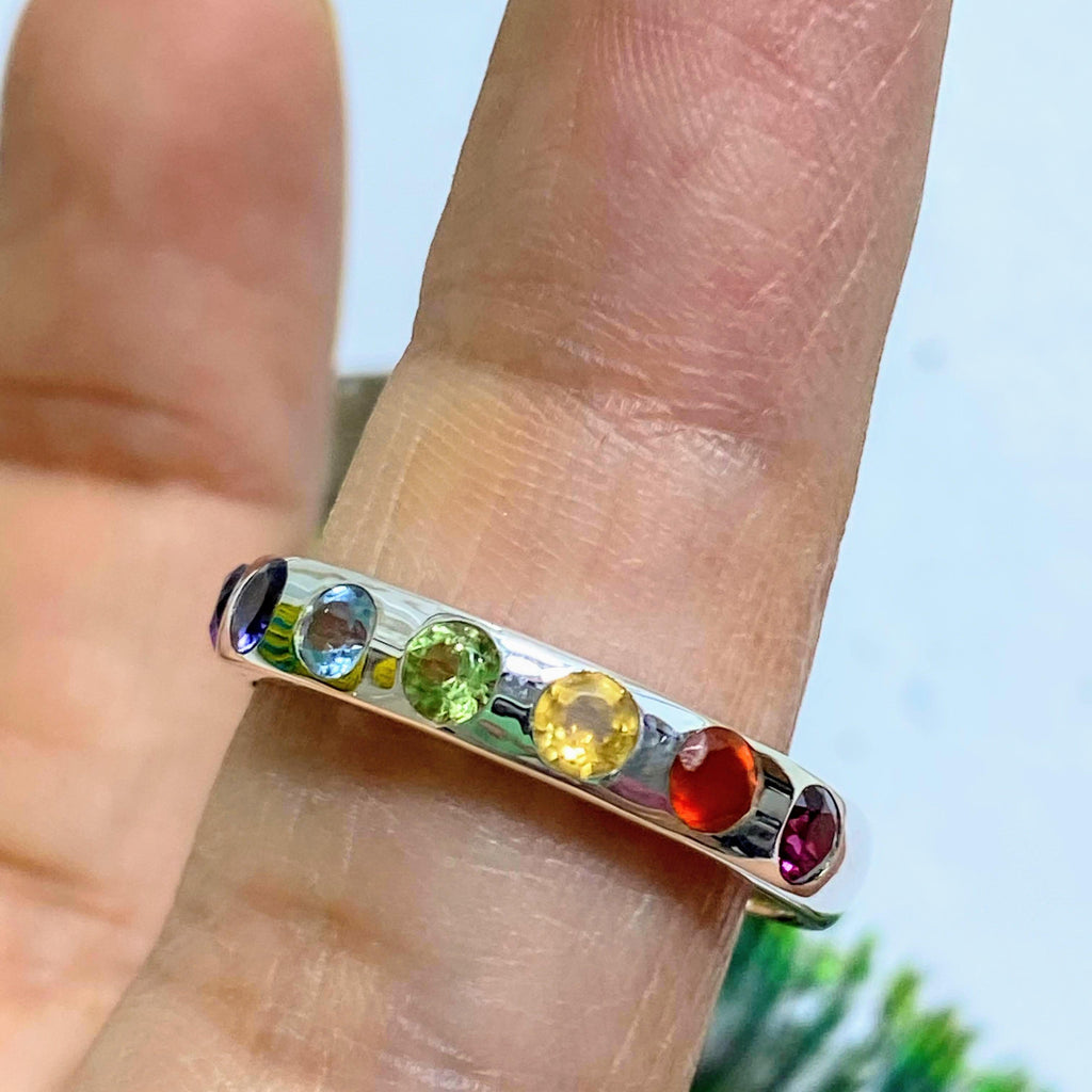 Faceted 7 Stone Chakra Gemstone Ring in Sterling Silver (Size 9) - Earth Family Crystals