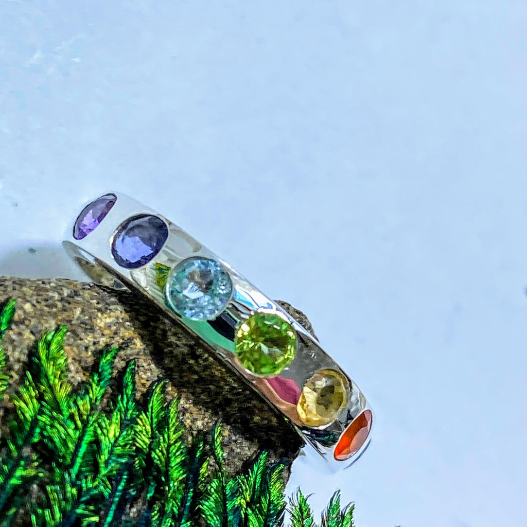 Faceted 7 Stone Chakra Gemstone Ring in Sterling Silver (Size 6) - Earth Family Crystals