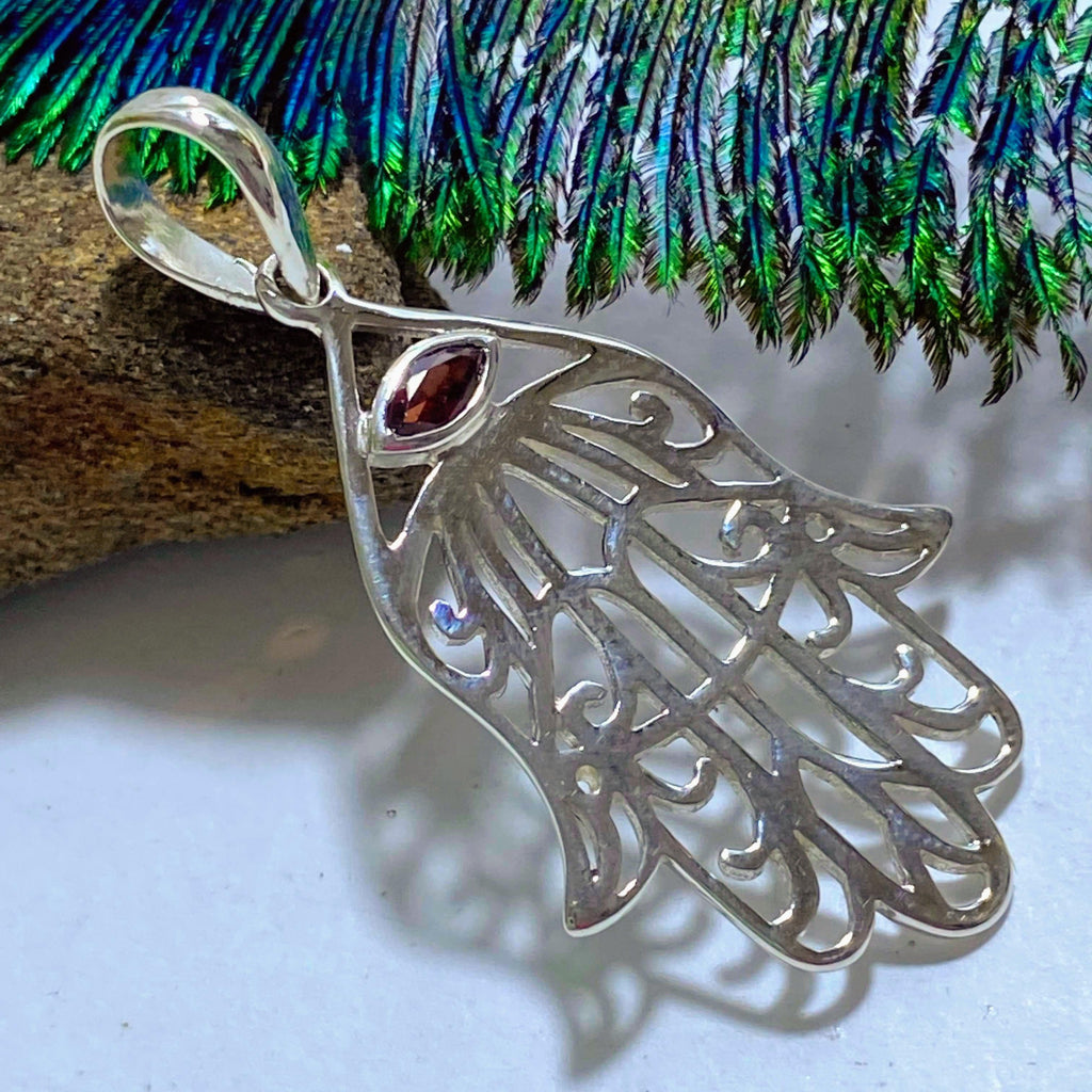 Fabulous Hamsa Faceted Red Garnet Pendant in Sterling Silver (Includes Silver Chain) - Earth Family Crystals