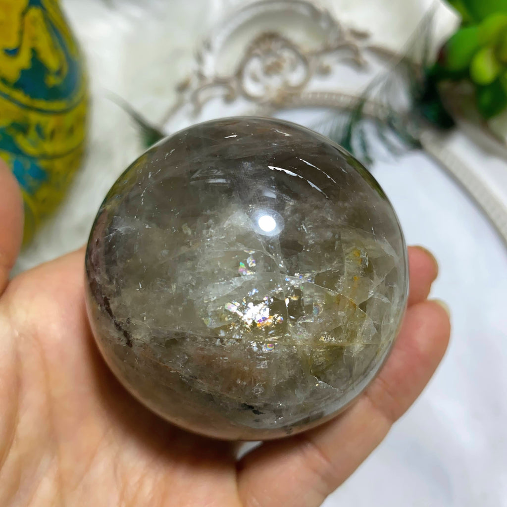 Black Moonstone Large Sphere with Rainbows & Silver Sheen Flashes - Earth Family Crystals