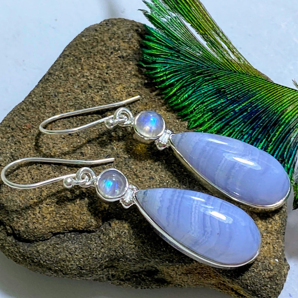 Blue Lace Agate & Rainbow Moonstone Sterling Silver Earrings - Earth Family Crystals