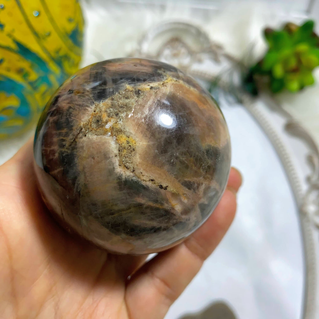 Reserved For Sandy Black & Peach Moonstone Large Sphere with Silver Sheen Flashes - Earth Family Crystals