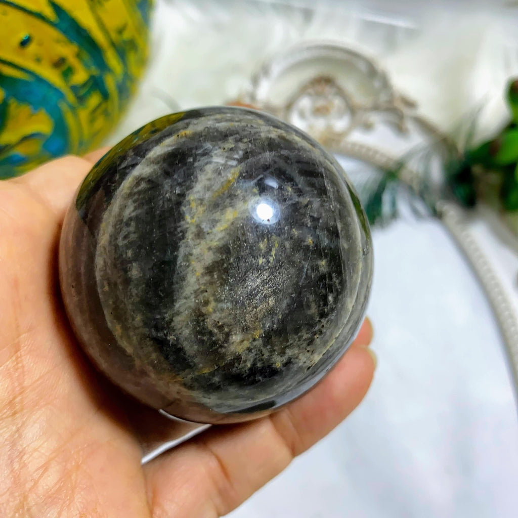 Black Moonstone Large Sphere with Silver Sheen Flashes - Earth Family Crystals