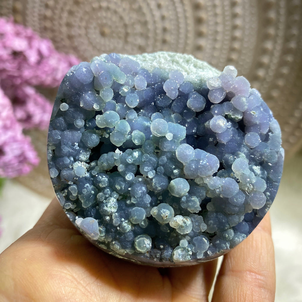 Sparkling Grape Agate Geode Sphere Carving (Includes Wood Stand) - Earth Family Crystals
