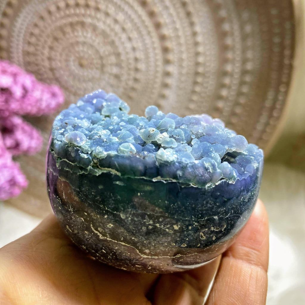Sparkling Grape Agate Geode Sphere Carving (Includes Wood Stand) - Earth Family Crystals