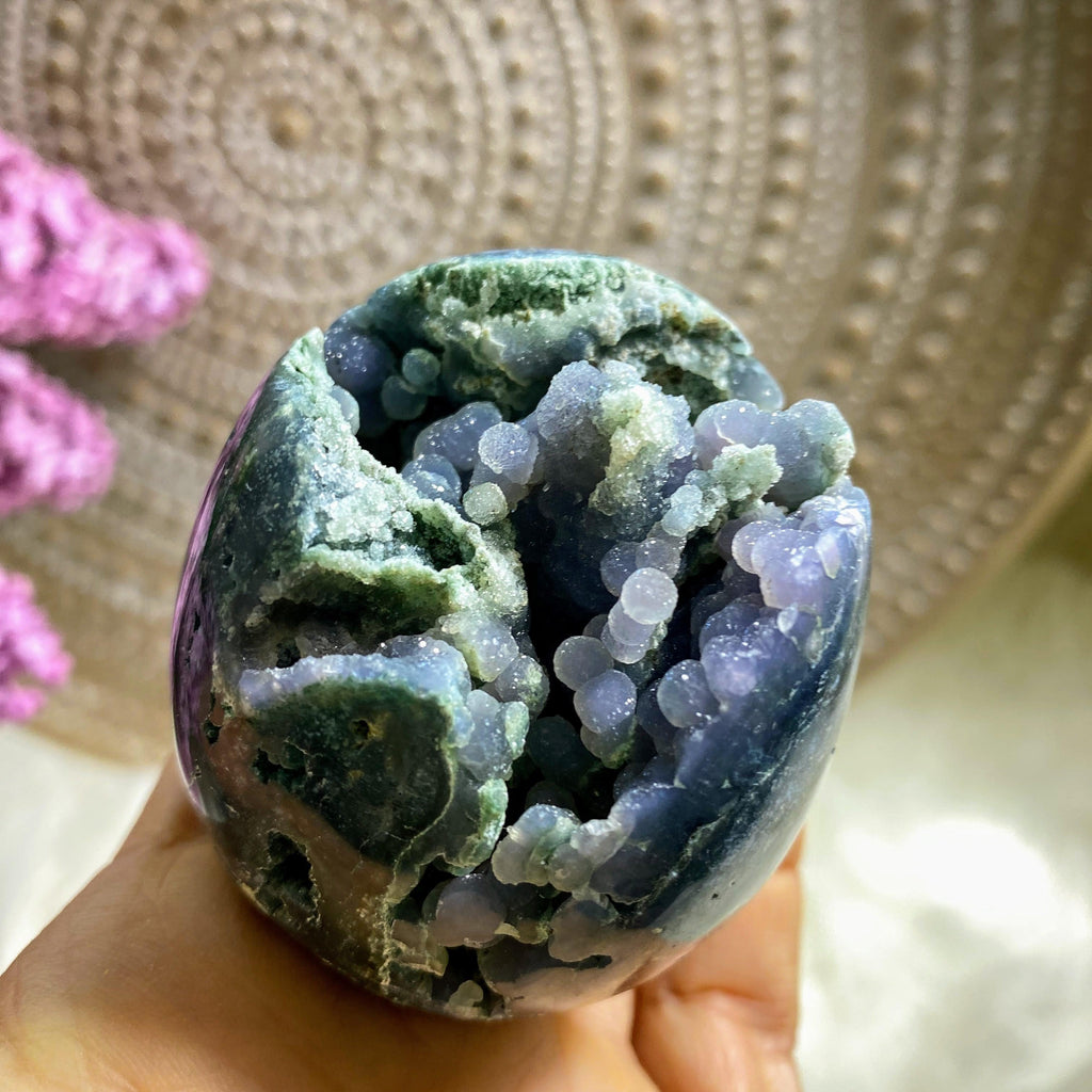 Stunning Sparkling Grape Agate Geode Sphere Carving (Includes Wood Stand) - Earth Family Crystals