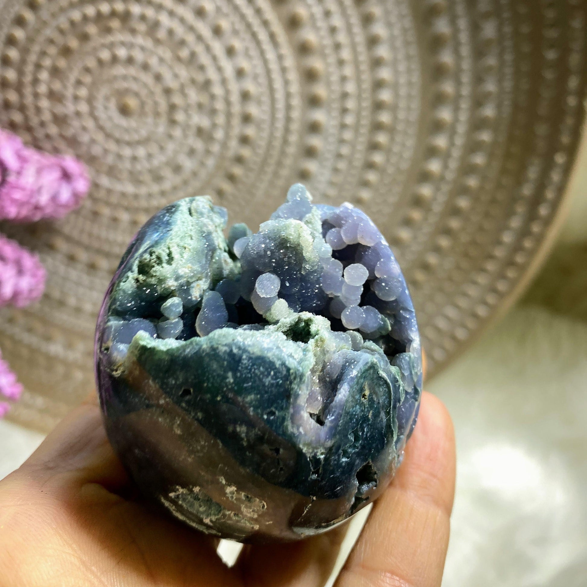 Stunning Sparkling Grape Agate Geode Sphere Carving (Includes Wood Stand) - Earth Family Crystals