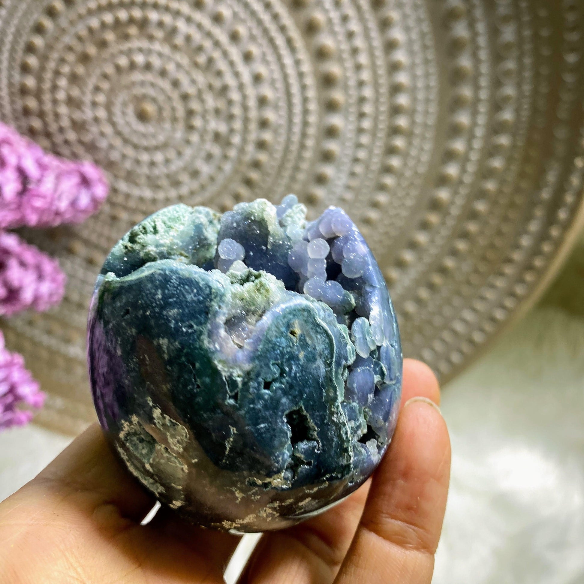 Stunning Sparkling Grape Agate Geode Sphere Carving (Includes Wood Stand) - Earth Family Crystals