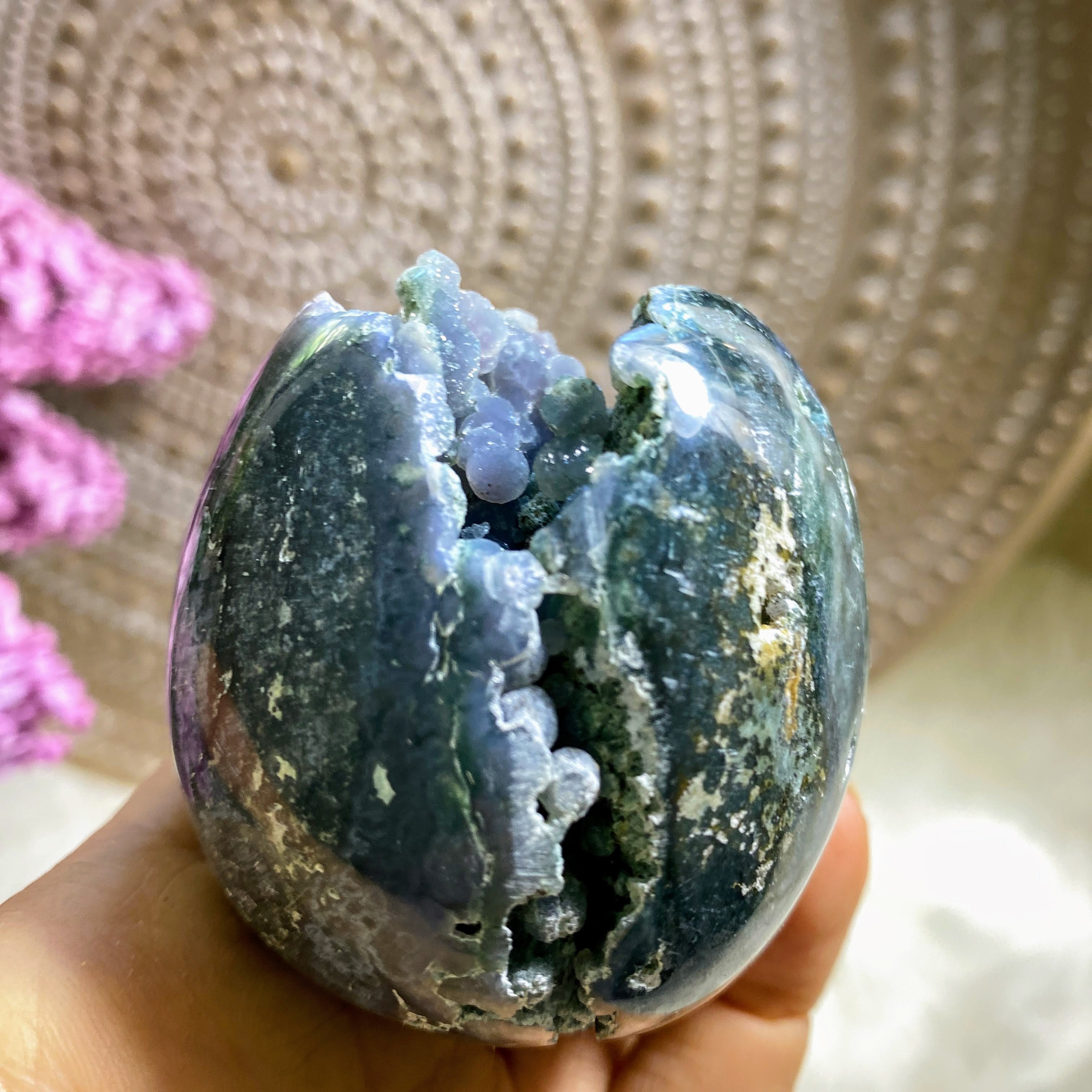 Stunning Sparkling Grape Agate Geode Sphere Carving (Includes Wood Stand) - Earth Family Crystals
