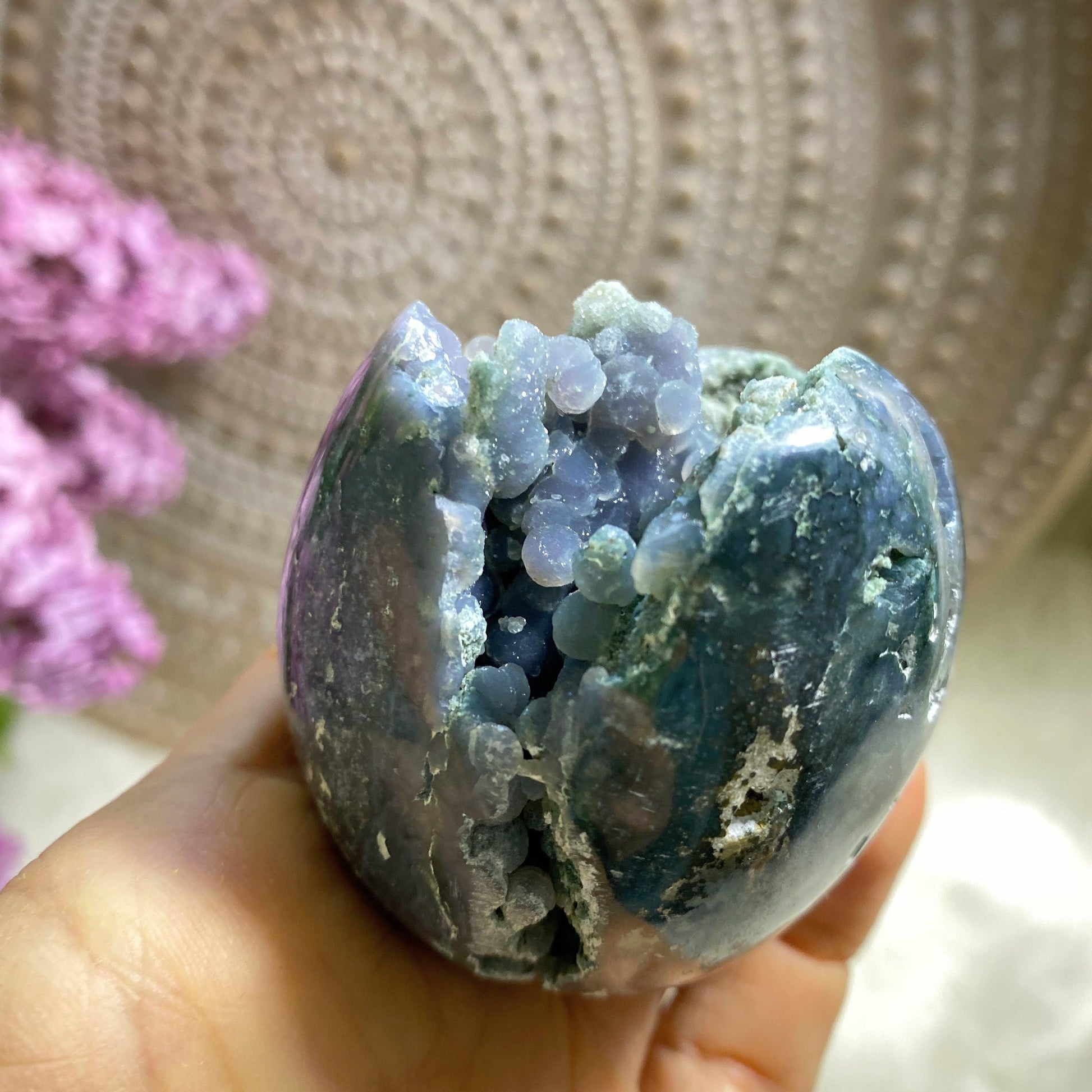 Stunning Sparkling Grape Agate Geode Sphere Carving (Includes Wood Stand) - Earth Family Crystals