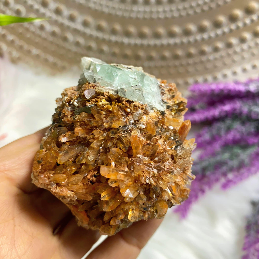 Reserved For Sandy Sparkling Orange Creedite & Turquoise Fluorite Medium Natural Specimen -Locality: Mexico - Earth Family Crystals