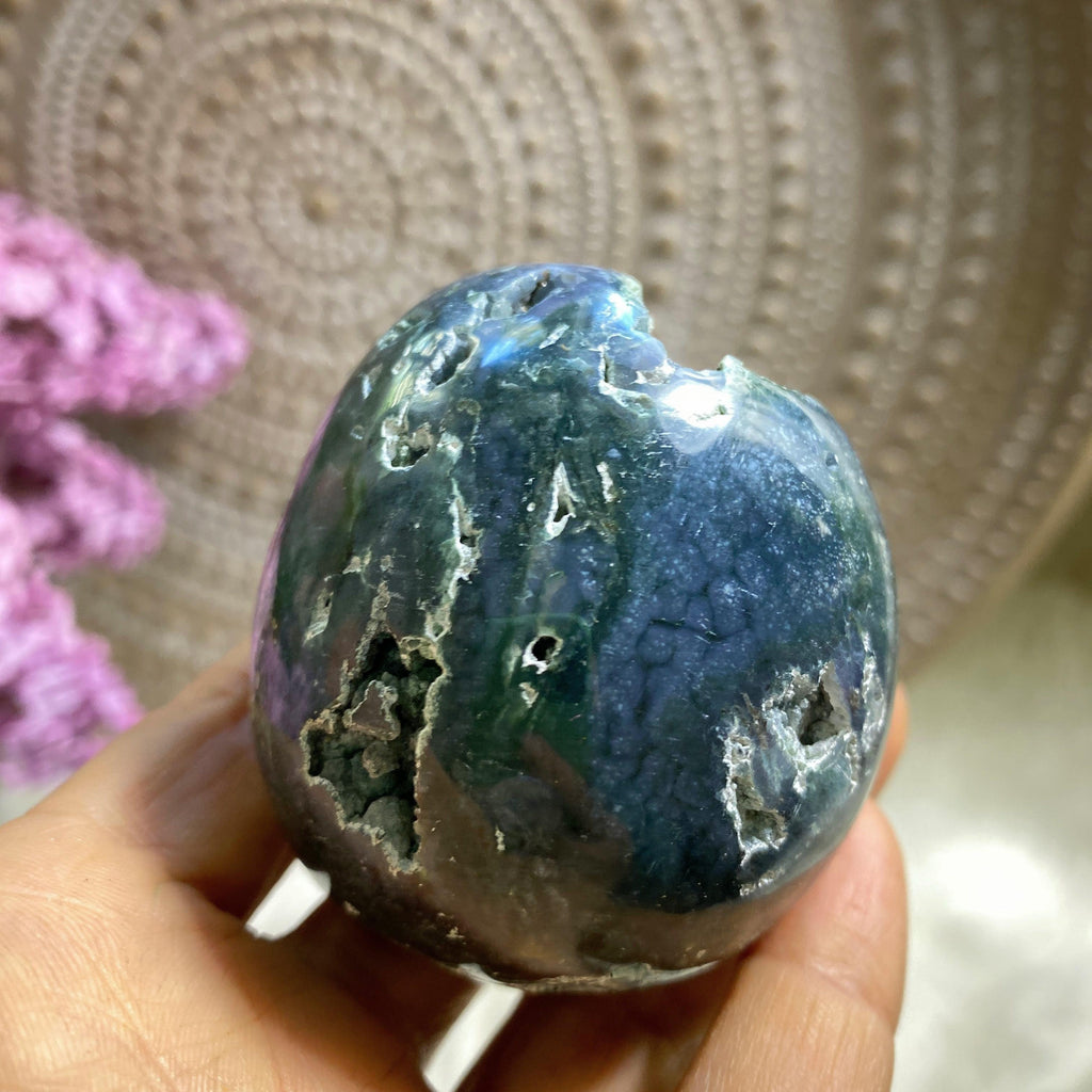 Stunning Sparkling Grape Agate Geode Sphere Carving (Includes Wood Stand) - Earth Family Crystals