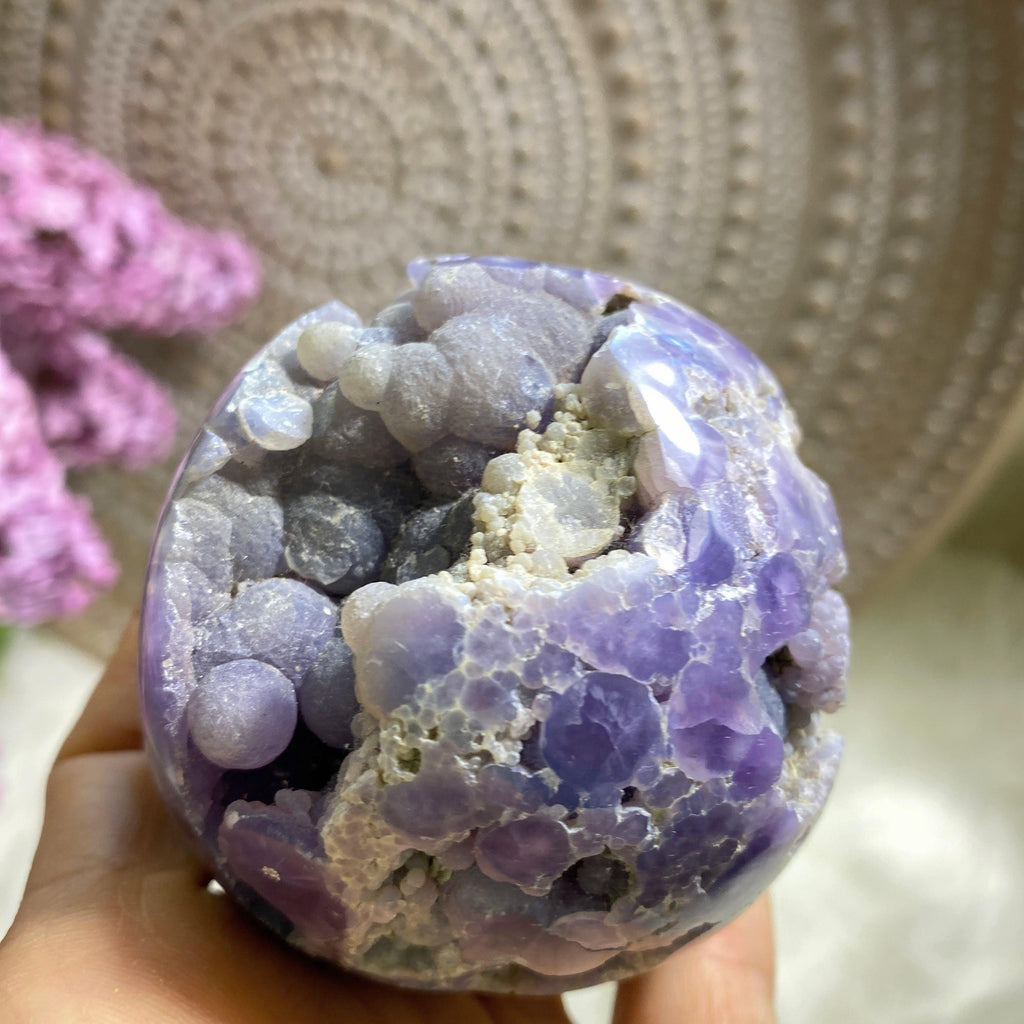 Pretty Purple XL Grape Agate Geode Sphere Carving (Includes Wood Stand) - Earth Family Crystals