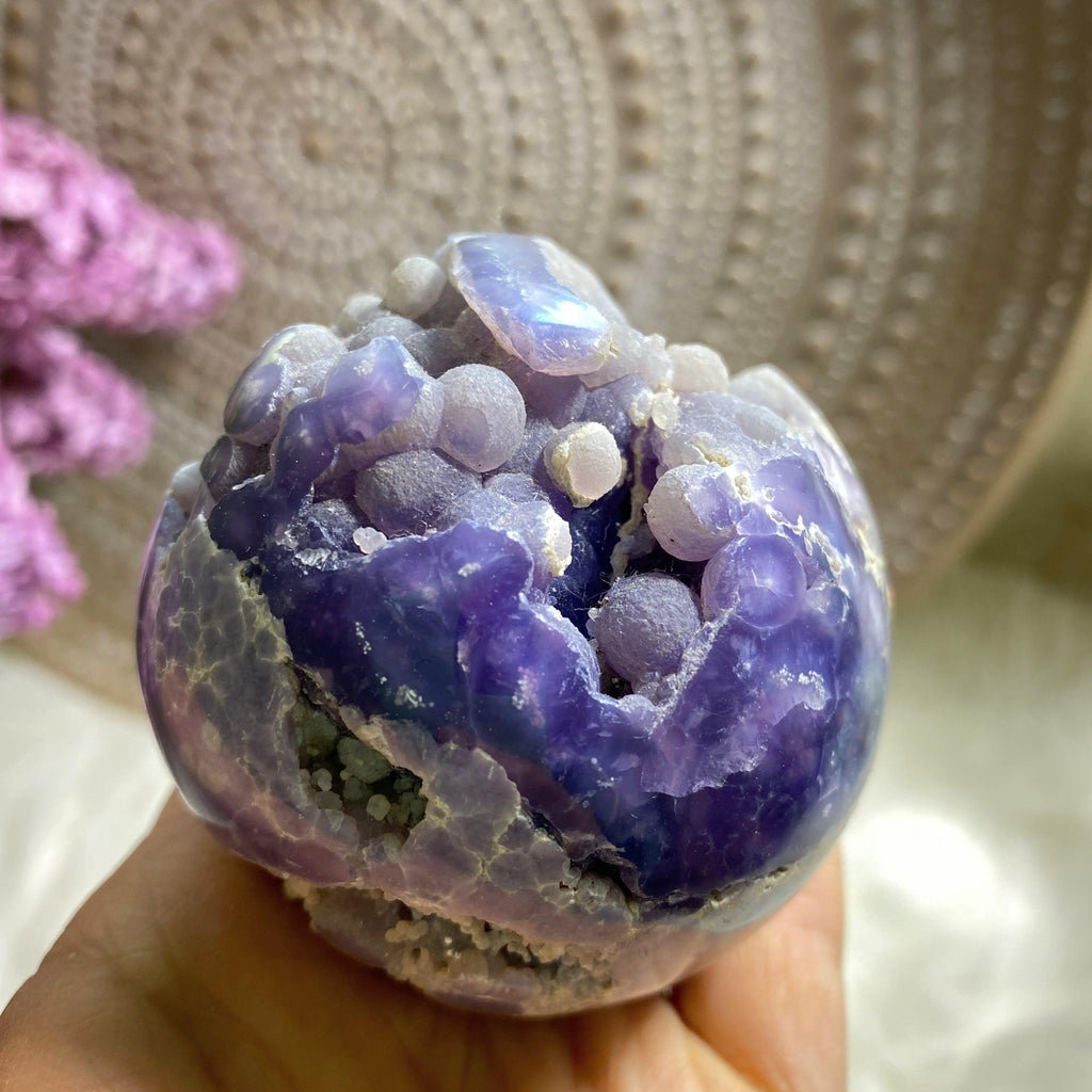 Pretty Purple XL Grape Agate Geode Sphere Carving (Includes Wood Stand) - Earth Family Crystals