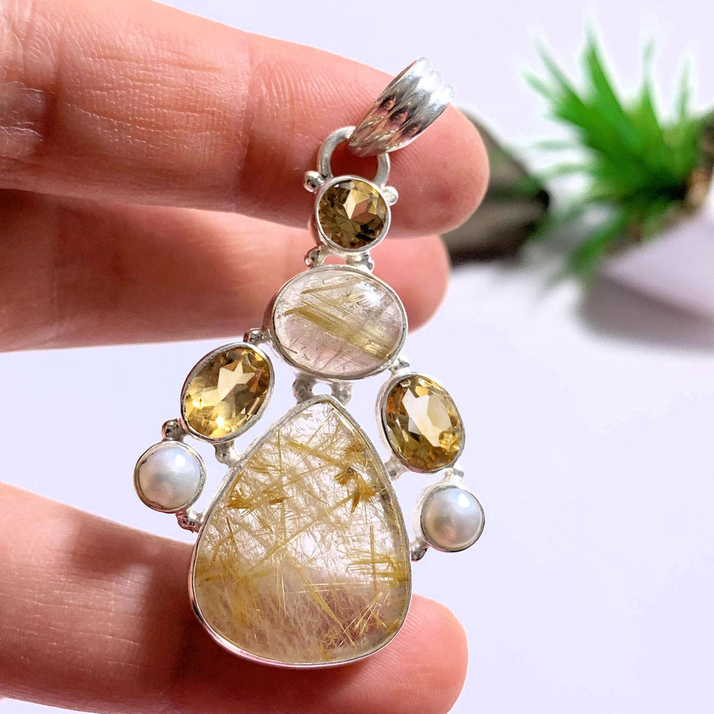 Golden Rutilated Quartz-Faceted Citrine & Pearl Sterling Silver Pendant (Includes Silver Chain) - Earth Family Crystals