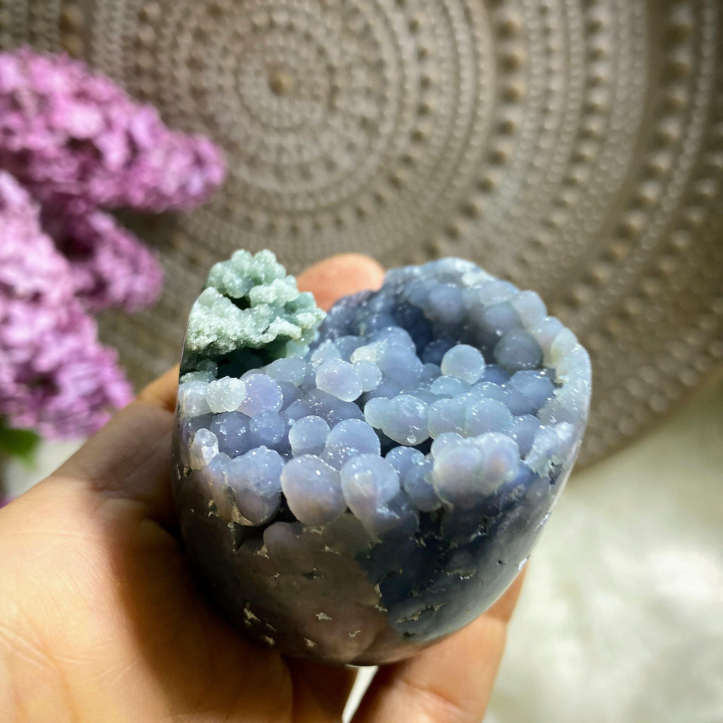 Sparkly Grape Agate Geode Sphere Carving (Includes Wood Stand) - Earth Family Crystals