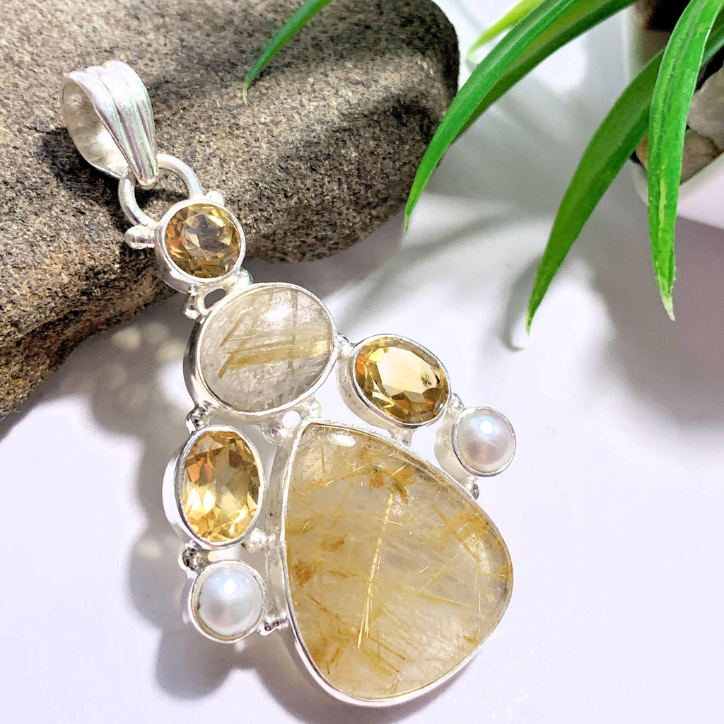Golden Rutilated Quartz-Faceted Citrine & Pearl Sterling Silver Pendant (Includes Silver Chain) - Earth Family Crystals