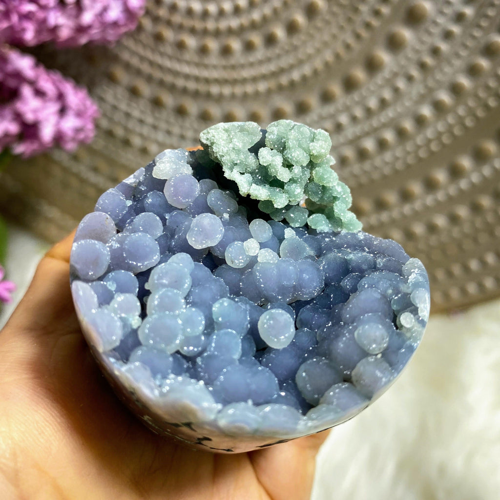 Sparkly Grape Agate Geode Sphere Carving (Includes Wood Stand) - Earth Family Crystals