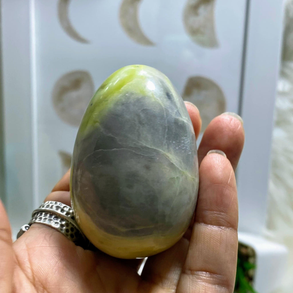 Reserved for Sandy S Green Serpentine Egg Display Carving From India - Earth Family Crystals