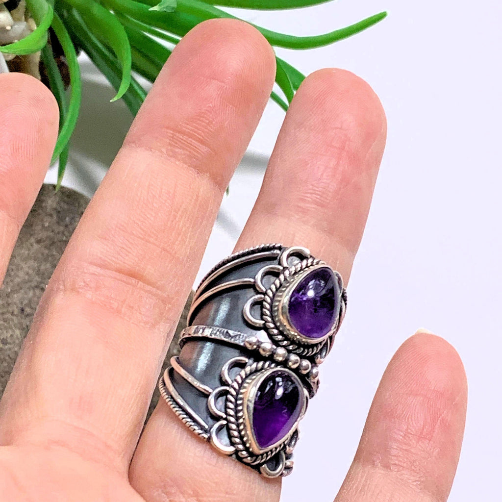 Chunky Deep Purple Double Amethyst Statement Sterling Silver Ring (Size 5.5) - Earth Family Crystals